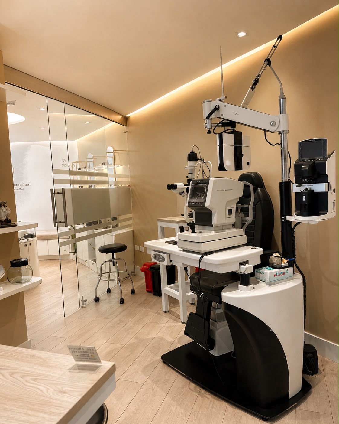 Área de diagnóstico con autorefractómetro y sillón de examen