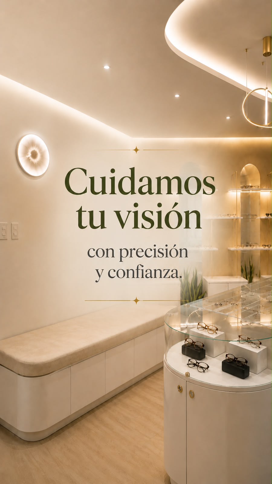 Sala de espera y vitrina de lentes en B&B Óptica Integral